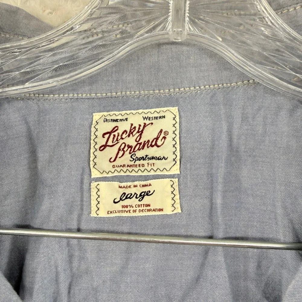 Lucky Brand Western Sportswear Embroidered Chambray Shirt Womens L Blue‎ Cotton - Picture 3 of 11